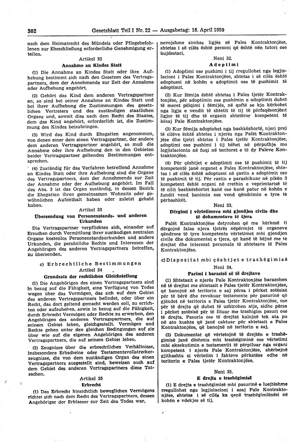 Gesetzblatt (GBl.) der Deutschen Demokratischen Republik (DDR) Teil Ⅰ 1959, Seite 302 (GBl. DDR Ⅰ 1959, S. 302)