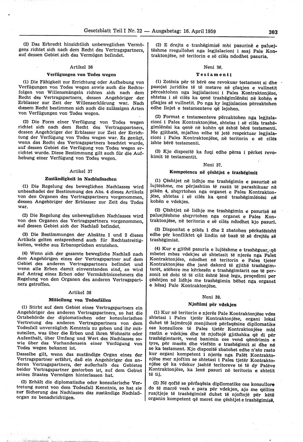 Gesetzblatt (GBl.) der Deutschen Demokratischen Republik (DDR) Teil Ⅰ 1959, Seite 303 (GBl. DDR Ⅰ 1959, S. 303)