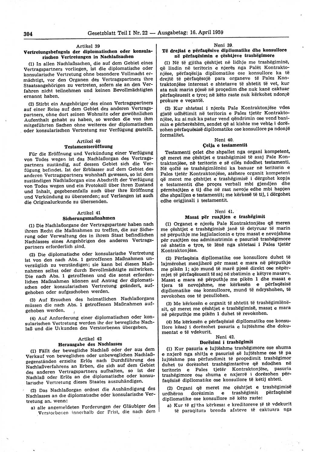 Gesetzblatt (GBl.) der Deutschen Demokratischen Republik (DDR) Teil Ⅰ 1959, Seite 304 (GBl. DDR Ⅰ 1959, S. 304)