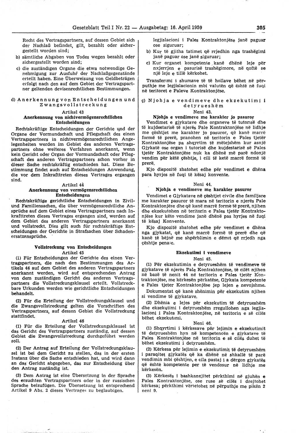 Gesetzblatt (GBl.) der Deutschen Demokratischen Republik (DDR) Teil Ⅰ 1959, Seite 305 (GBl. DDR Ⅰ 1959, S. 305)