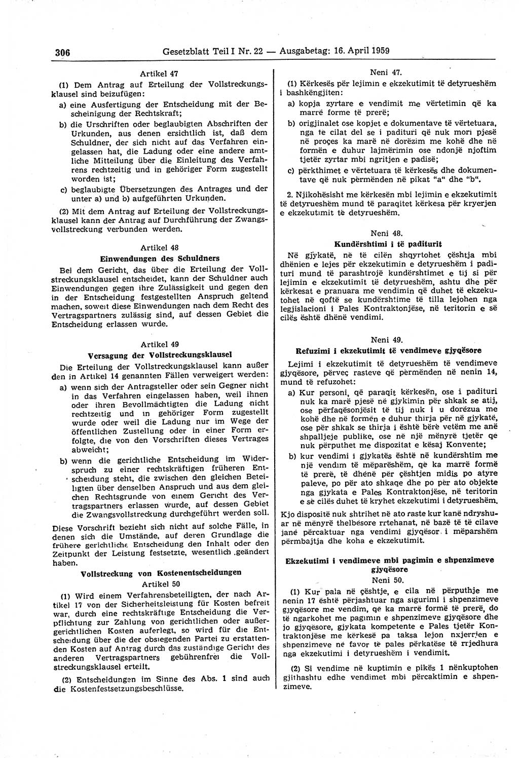 Gesetzblatt (GBl.) der Deutschen Demokratischen Republik (DDR) Teil Ⅰ 1959, Seite 306 (GBl. DDR Ⅰ 1959, S. 306)