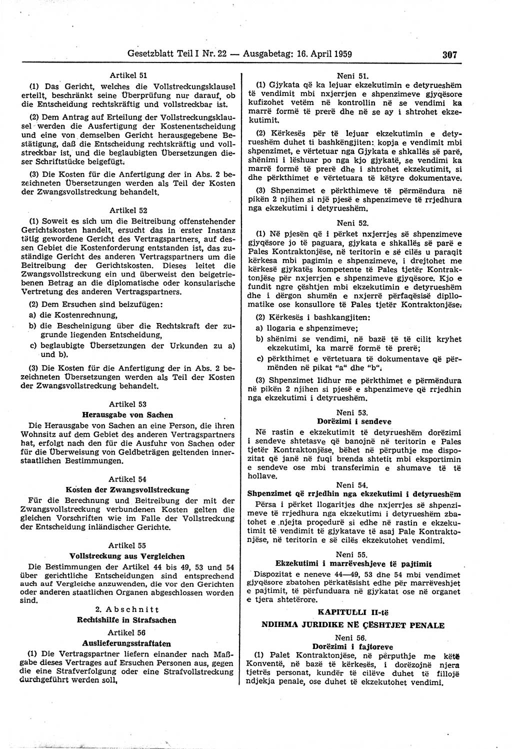 Gesetzblatt (GBl.) der Deutschen Demokratischen Republik (DDR) Teil Ⅰ 1959, Seite 307 (GBl. DDR Ⅰ 1959, S. 307)