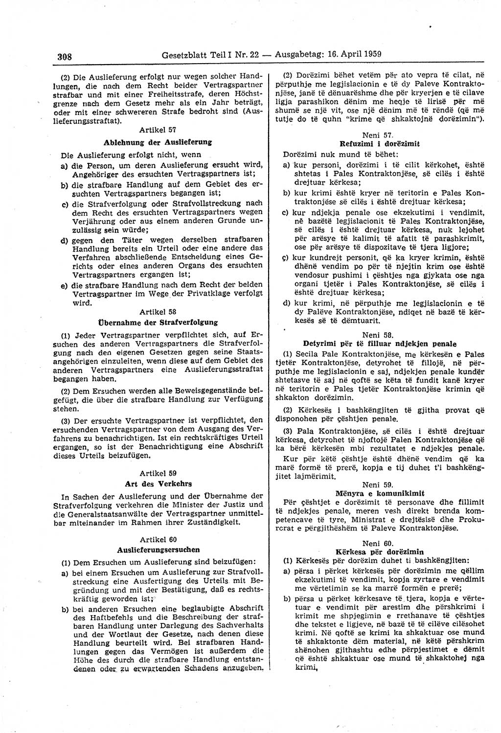 Gesetzblatt (GBl.) der Deutschen Demokratischen Republik (DDR) Teil Ⅰ 1959, Seite 308 (GBl. DDR Ⅰ 1959, S. 308)