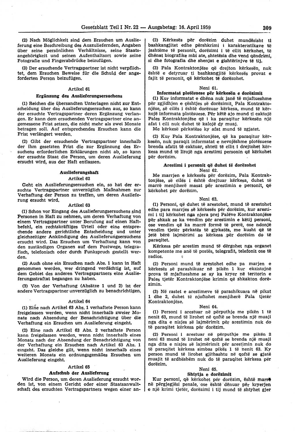 Gesetzblatt (GBl.) der Deutschen Demokratischen Republik (DDR) Teil Ⅰ 1959, Seite 309 (GBl. DDR Ⅰ 1959, S. 309)