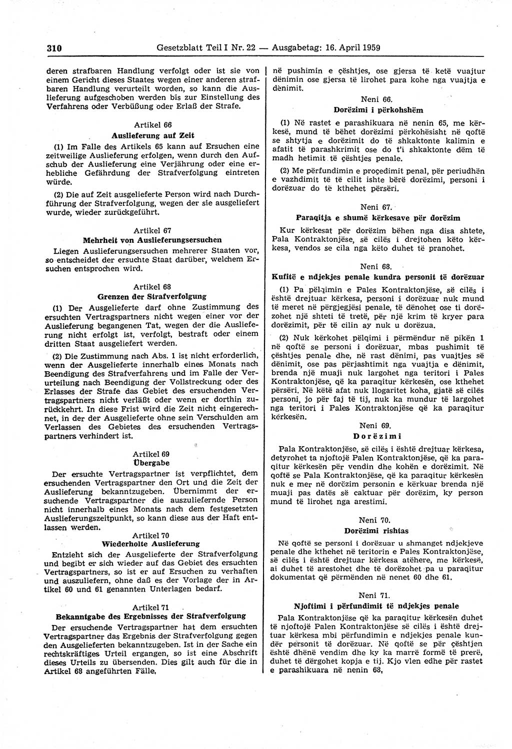 Gesetzblatt (GBl.) der Deutschen Demokratischen Republik (DDR) Teil Ⅰ 1959, Seite 310 (GBl. DDR Ⅰ 1959, S. 310)