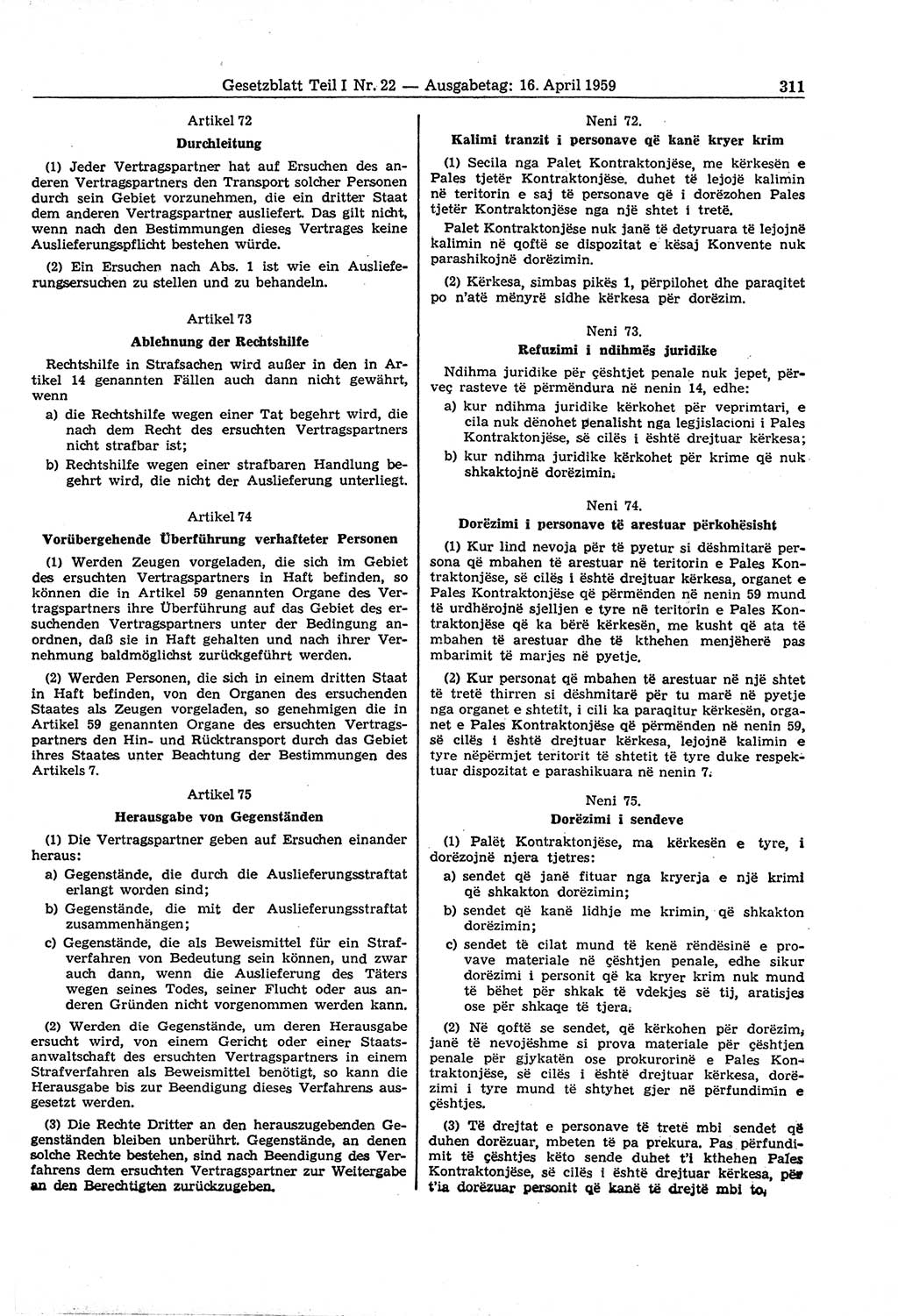 Gesetzblatt (GBl.) der Deutschen Demokratischen Republik (DDR) Teil Ⅰ 1959, Seite 311 (GBl. DDR Ⅰ 1959, S. 311)
