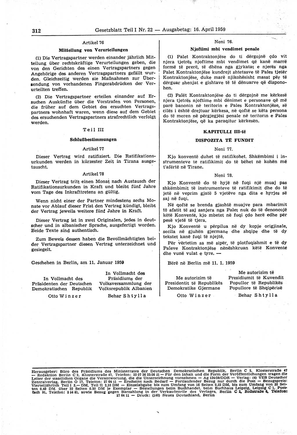 Gesetzblatt (GBl.) der Deutschen Demokratischen Republik (DDR) Teil Ⅰ 1959, Seite 312 (GBl. DDR Ⅰ 1959, S. 312)