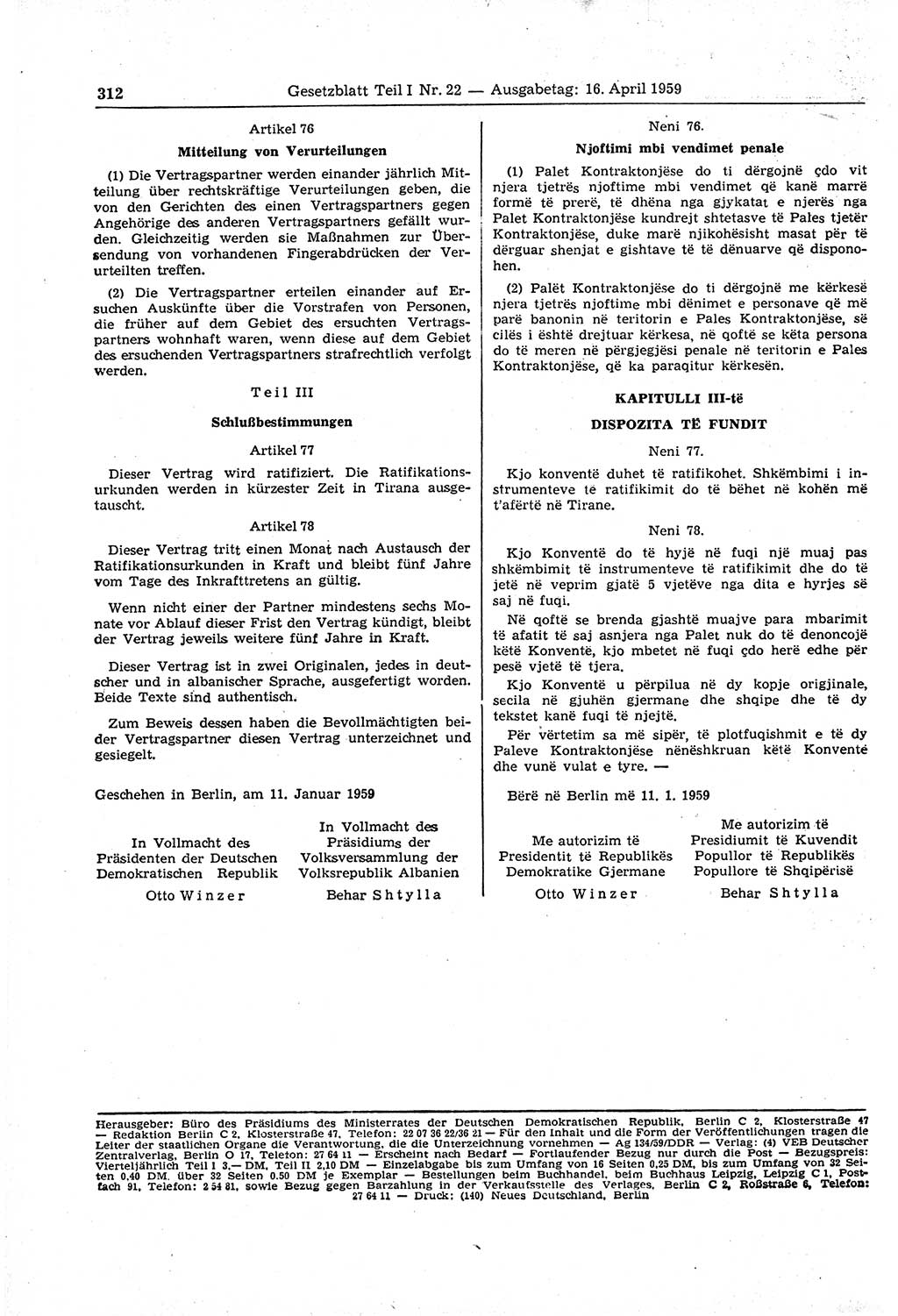 Gesetzblatt (GBl.) der Deutschen Demokratischen Republik (DDR) Teil Ⅰ 1959, Seite 312 (GBl. DDR Ⅰ 1959, S. 312)