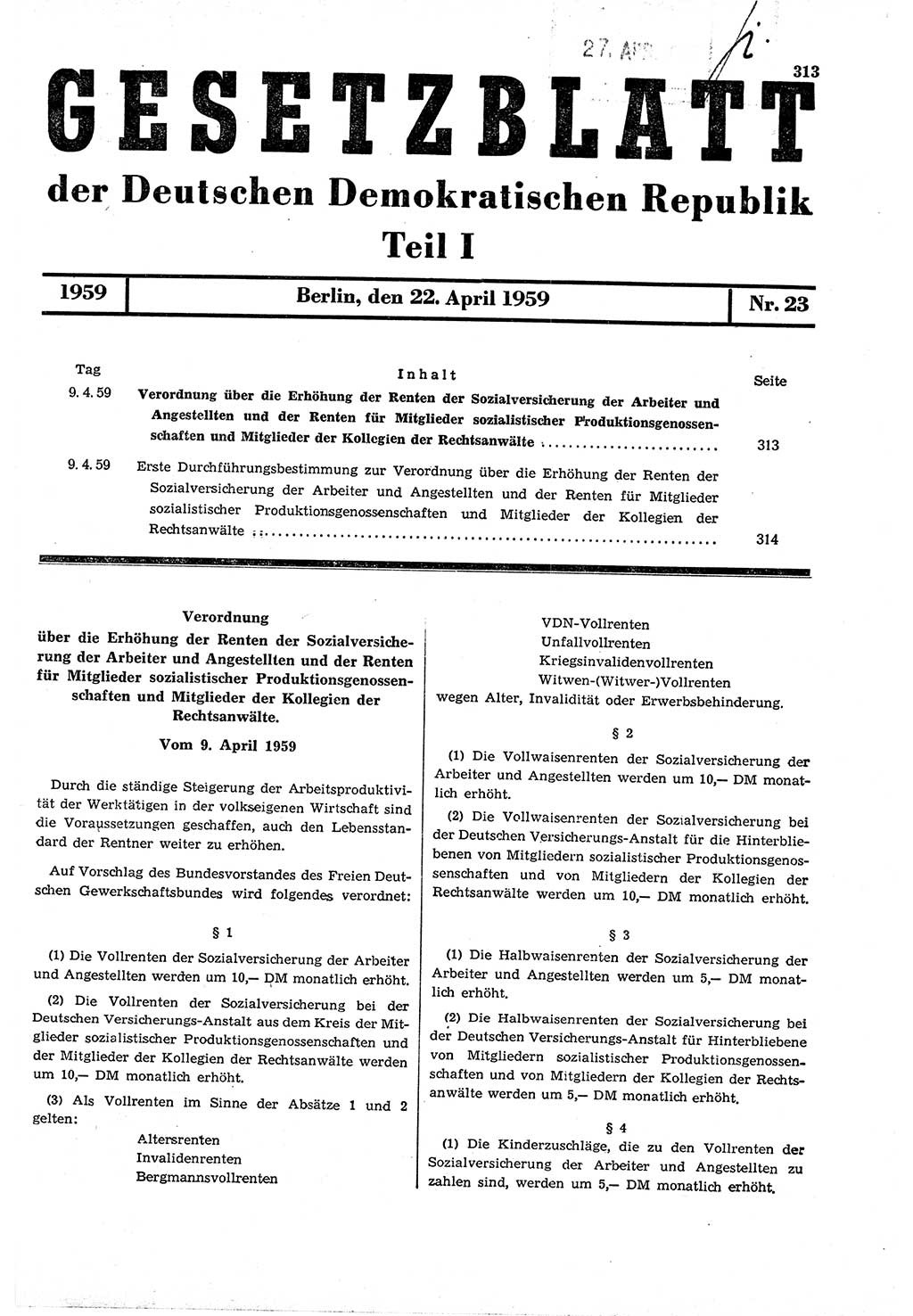 Gesetzblatt (GBl.) der Deutschen Demokratischen Republik (DDR) Teil Ⅰ 1959, Seite 313 (GBl. DDR Ⅰ 1959, S. 313)