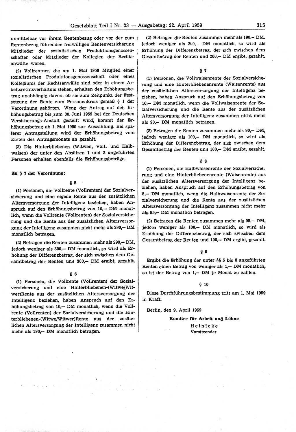Gesetzblatt (GBl.) der Deutschen Demokratischen Republik (DDR) Teil Ⅰ 1959, Seite 315 (GBl. DDR Ⅰ 1959, S. 315)