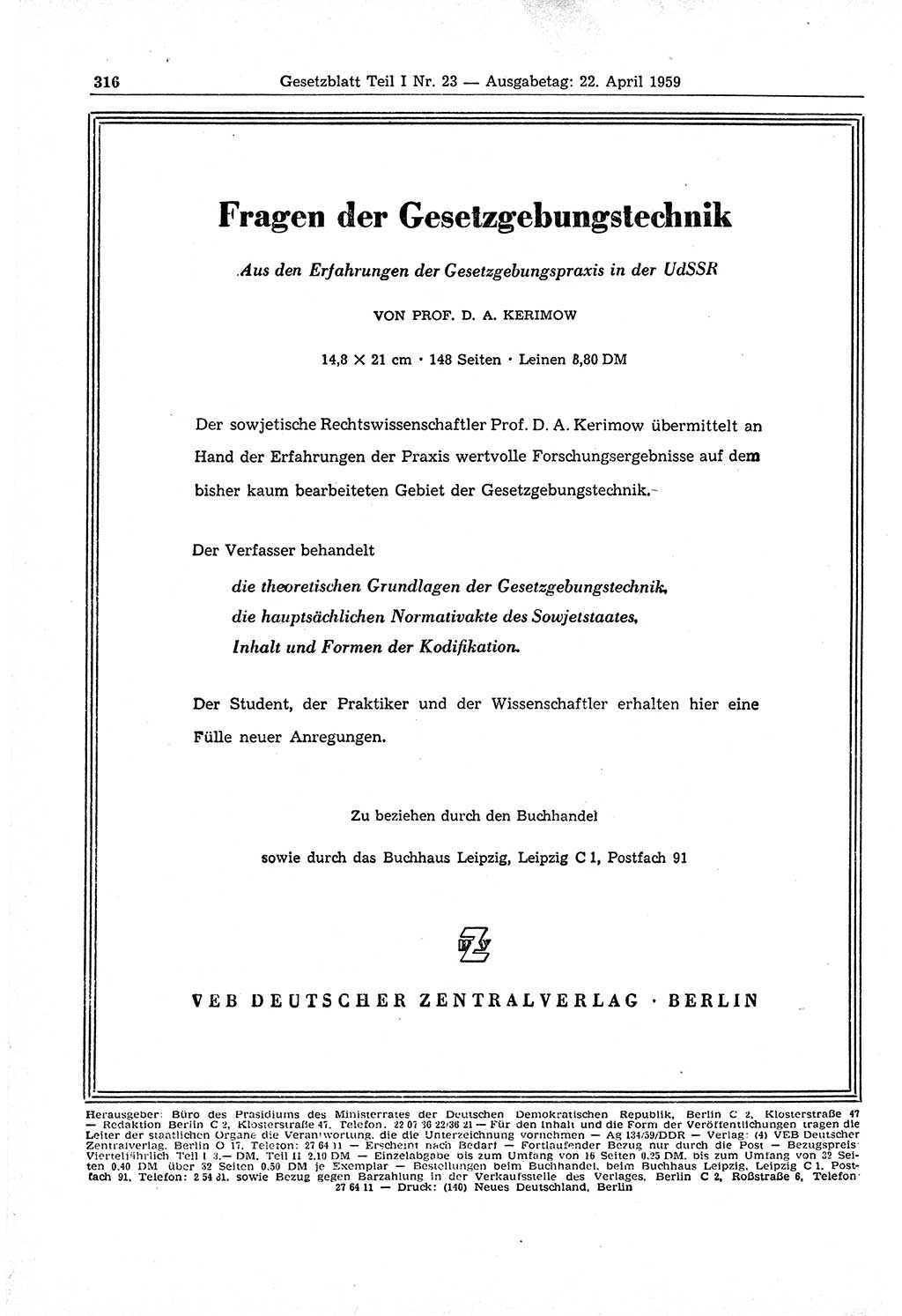 Gesetzblatt (GBl.) der Deutschen Demokratischen Republik (DDR) Teil Ⅰ 1959, Seite 316 (GBl. DDR Ⅰ 1959, S. 316)