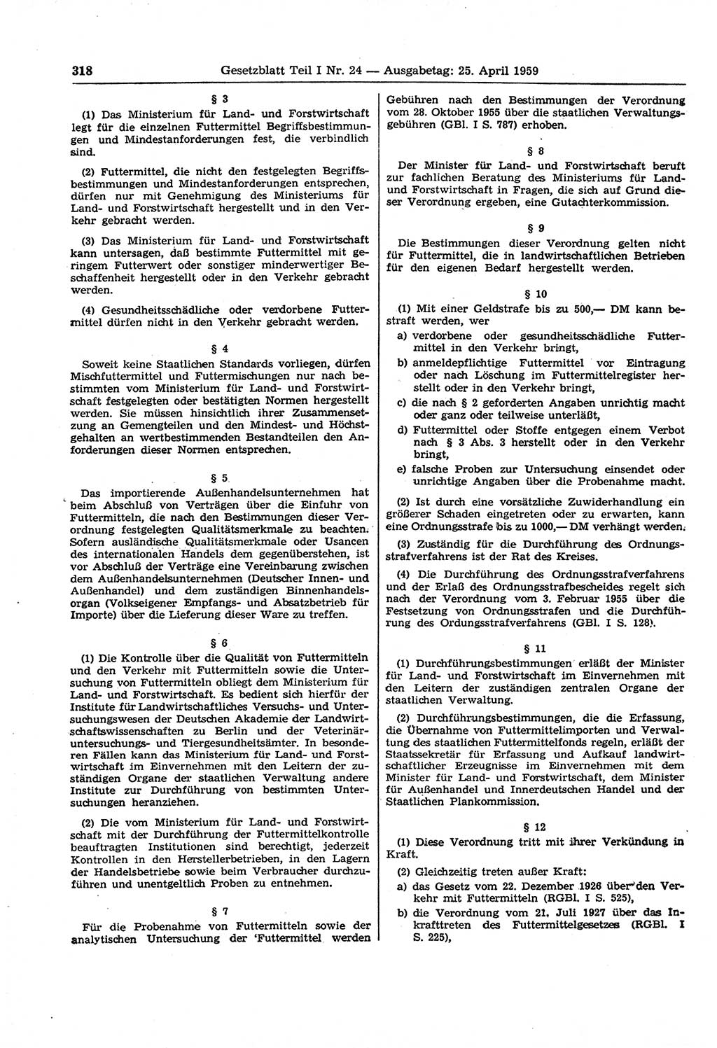 Gesetzblatt (GBl.) der Deutschen Demokratischen Republik (DDR) Teil Ⅰ 1959, Seite 318 (GBl. DDR Ⅰ 1959, S. 318)