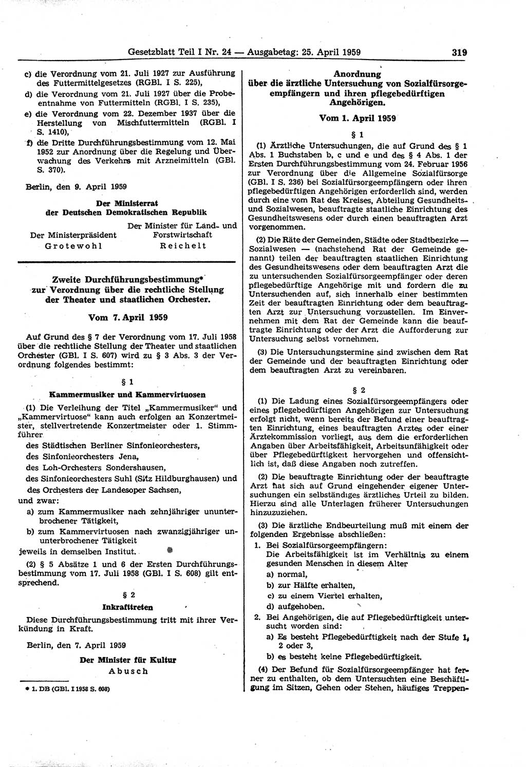 Gesetzblatt (GBl.) der Deutschen Demokratischen Republik (DDR) Teil Ⅰ 1959, Seite 319 (GBl. DDR Ⅰ 1959, S. 319)
