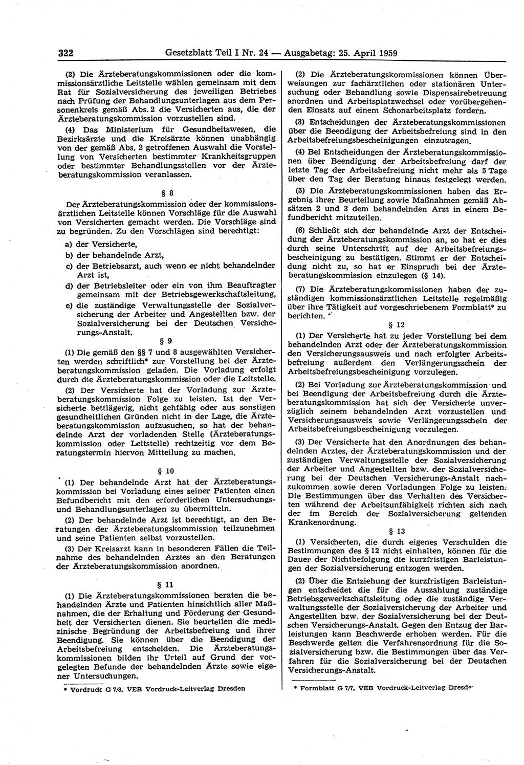 Gesetzblatt (GBl.) der Deutschen Demokratischen Republik (DDR) Teil Ⅰ 1959, Seite 322 (GBl. DDR Ⅰ 1959, S. 322)