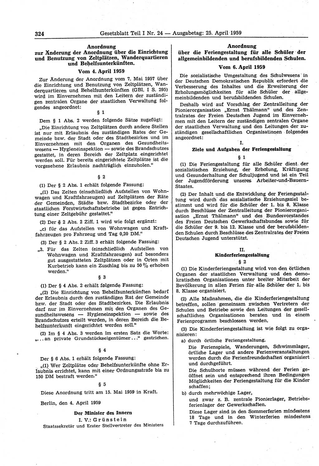 Gesetzblatt (GBl.) der Deutschen Demokratischen Republik (DDR) Teil Ⅰ 1959, Seite 324 (GBl. DDR Ⅰ 1959, S. 324)