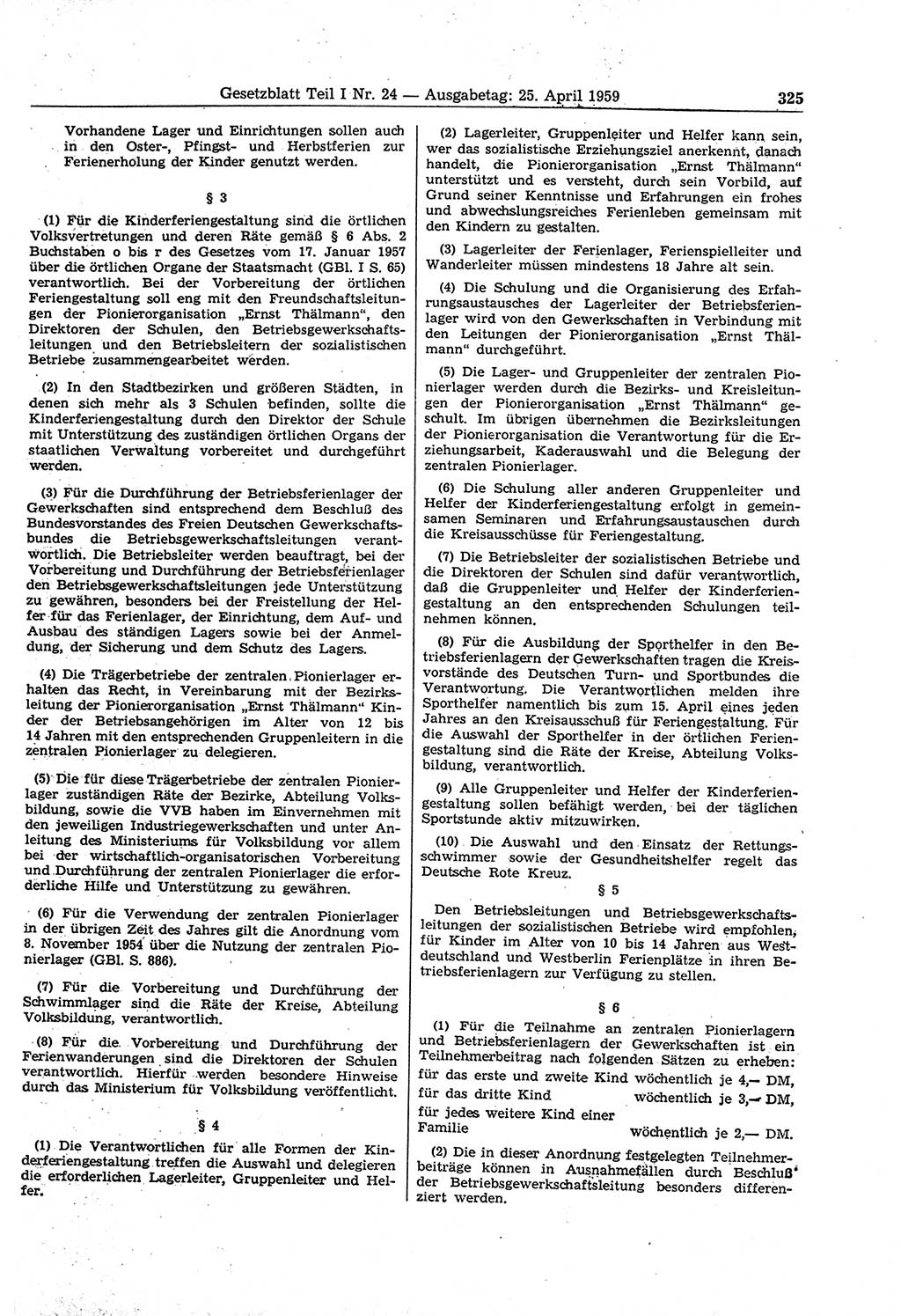 Gesetzblatt (GBl.) der Deutschen Demokratischen Republik (DDR) Teil Ⅰ 1959, Seite 325 (GBl. DDR Ⅰ 1959, S. 325)