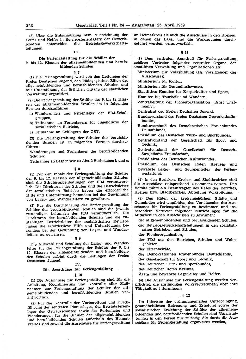 Gesetzblatt (GBl.) der Deutschen Demokratischen Republik (DDR) Teil Ⅰ 1959, Seite 326 (GBl. DDR Ⅰ 1959, S. 326)