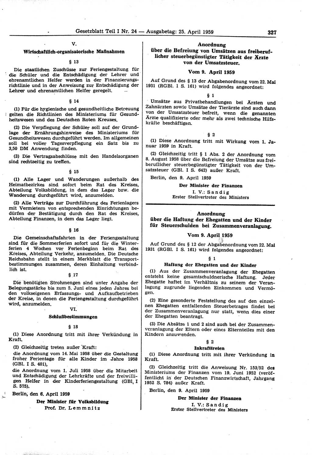 Gesetzblatt (GBl.) der Deutschen Demokratischen Republik (DDR) Teil Ⅰ 1959, Seite 327 (GBl. DDR Ⅰ 1959, S. 327)