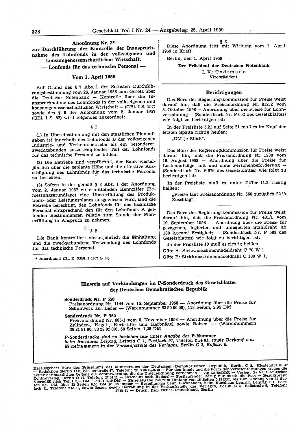 Gesetzblatt (GBl.) der Deutschen Demokratischen Republik (DDR) Teil Ⅰ 1959, Seite 328 (GBl. DDR Ⅰ 1959, S. 328)
