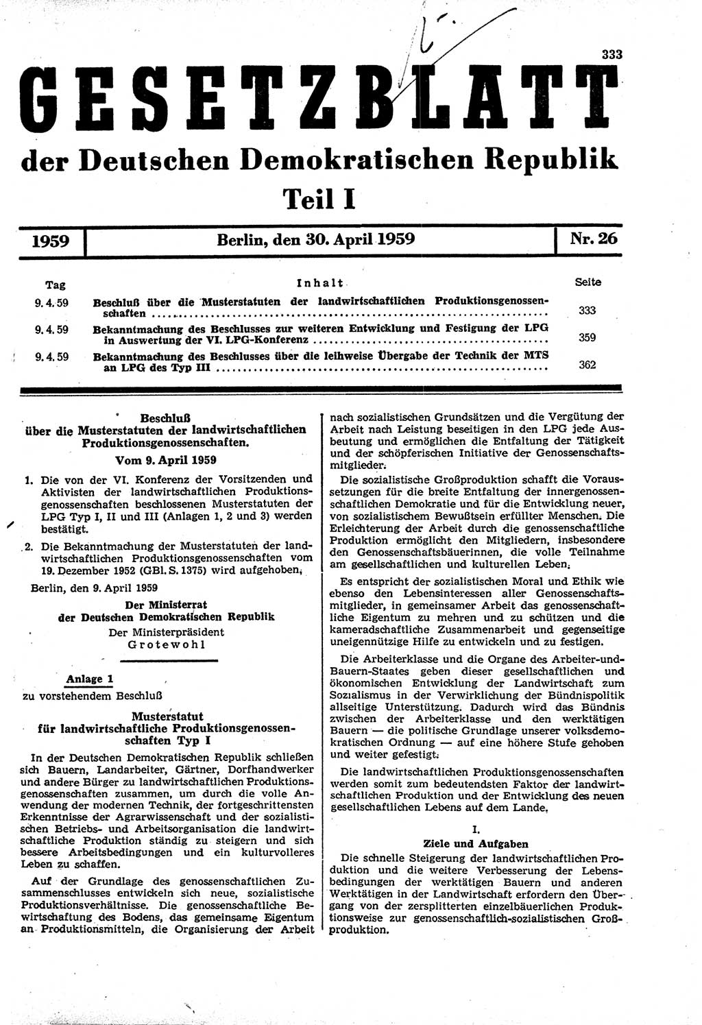 Gesetzblatt (GBl.) der Deutschen Demokratischen Republik (DDR) Teil Ⅰ 1959, Seite 333 (GBl. DDR Ⅰ 1959, S. 333)