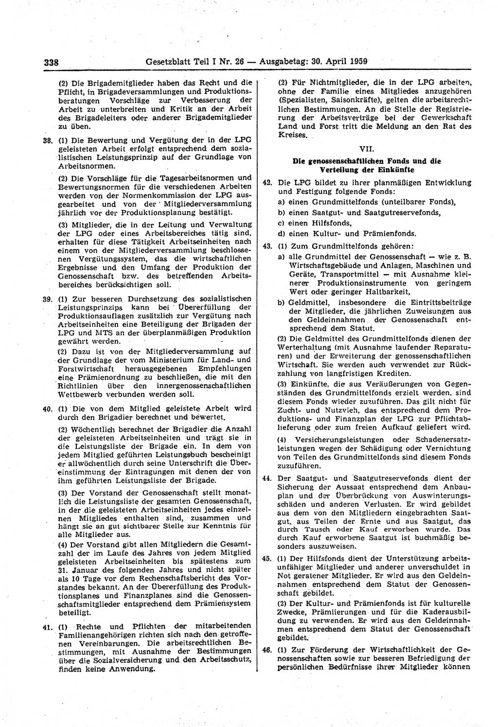 Gesetzblatt (GBl.) der Deutschen Demokratischen Republik (DDR) Teil Ⅰ 1959, Seite 338 (GBl. DDR Ⅰ 1959, S. 338)