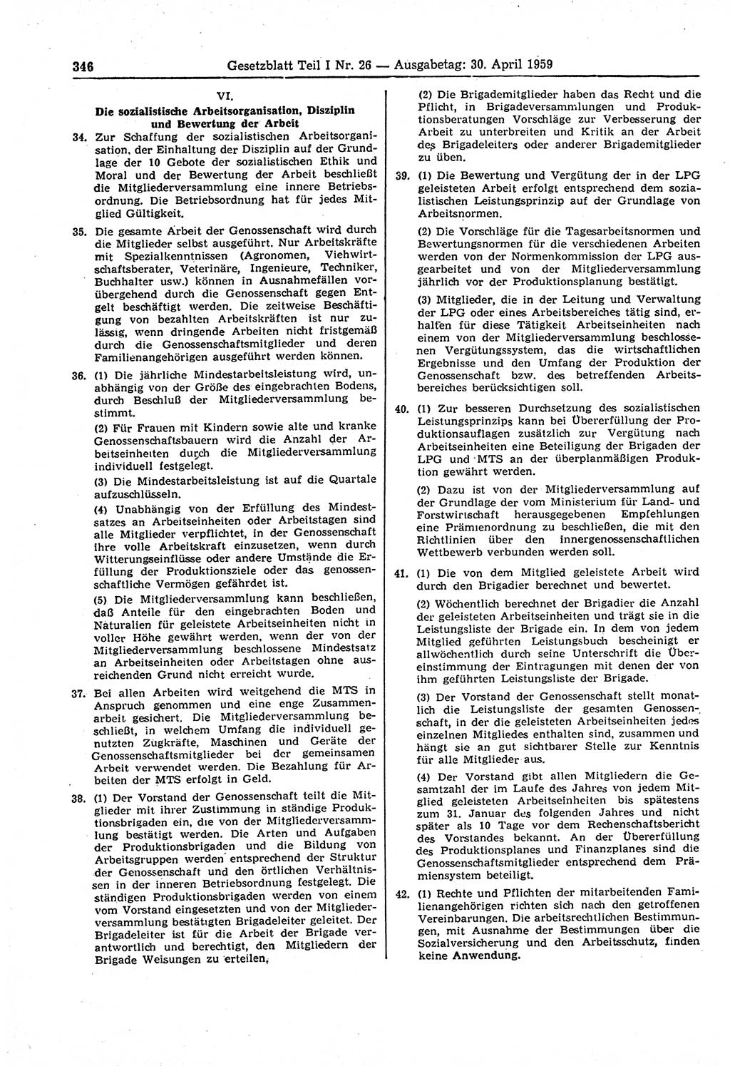 Gesetzblatt (GBl.) der Deutschen Demokratischen Republik (DDR) Teil Ⅰ 1959, Seite 346 (GBl. DDR Ⅰ 1959, S. 346)