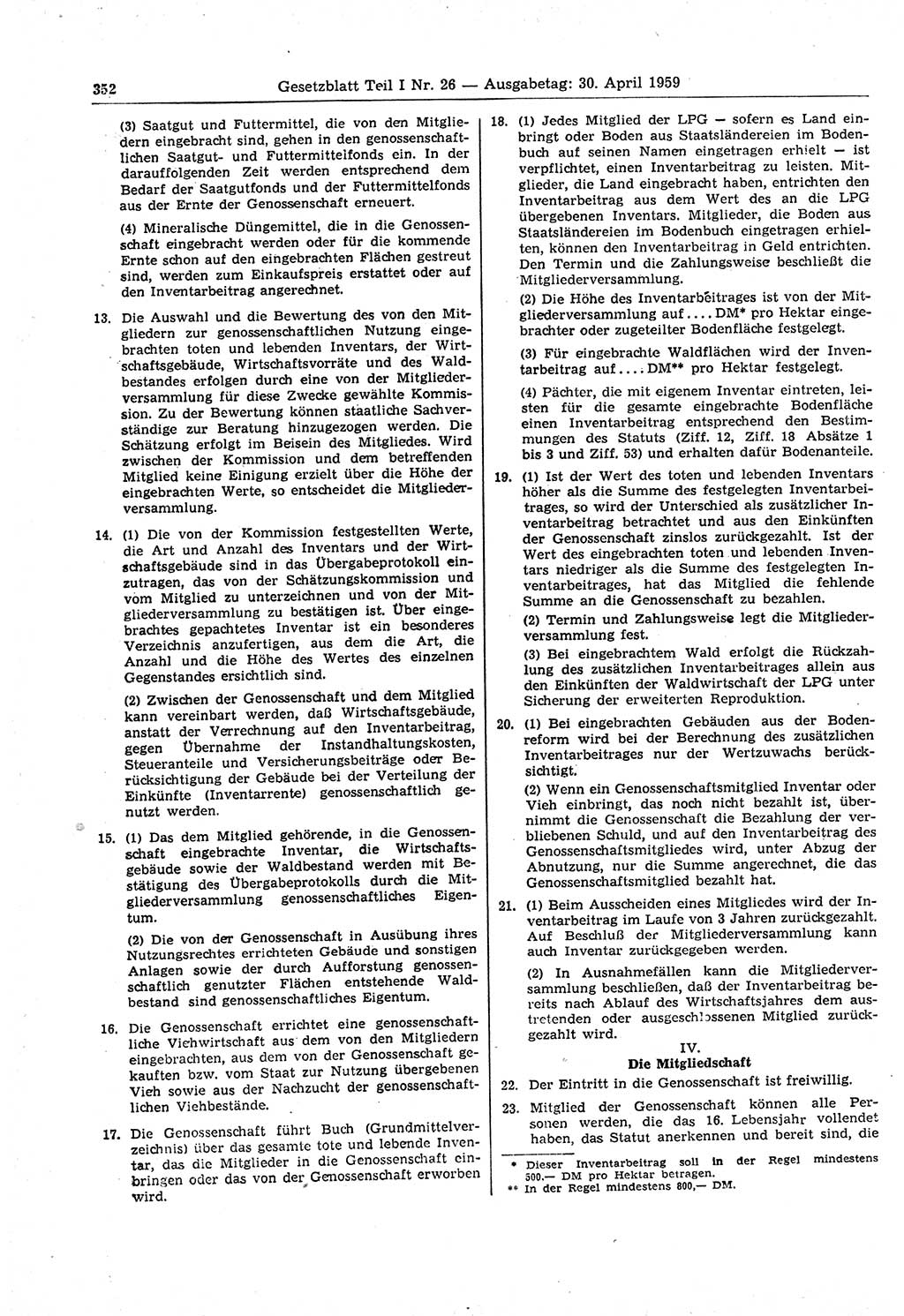 Gesetzblatt (GBl.) der Deutschen Demokratischen Republik (DDR) Teil Ⅰ 1959, Seite 352 (GBl. DDR Ⅰ 1959, S. 352)