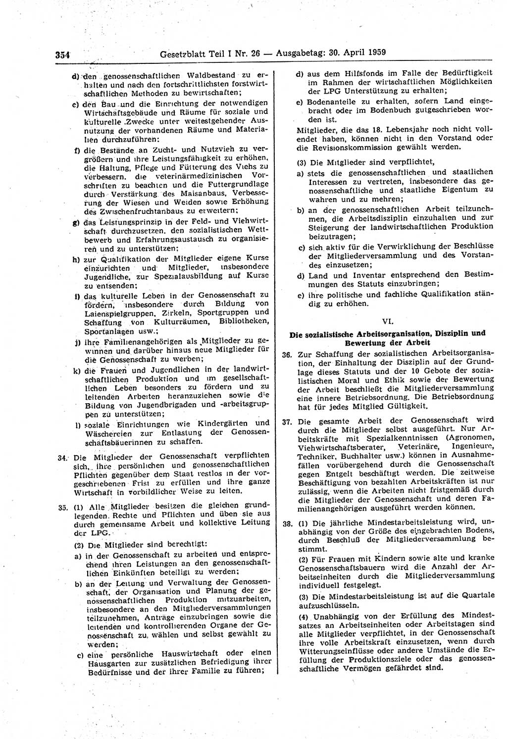 Gesetzblatt (GBl.) der Deutschen Demokratischen Republik (DDR) Teil Ⅰ 1959, Seite 354 (GBl. DDR Ⅰ 1959, S. 354)