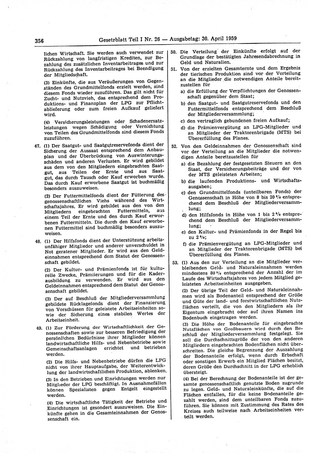Gesetzblatt (GBl.) der Deutschen Demokratischen Republik (DDR) Teil Ⅰ 1959, Seite 356 (GBl. DDR Ⅰ 1959, S. 356)
