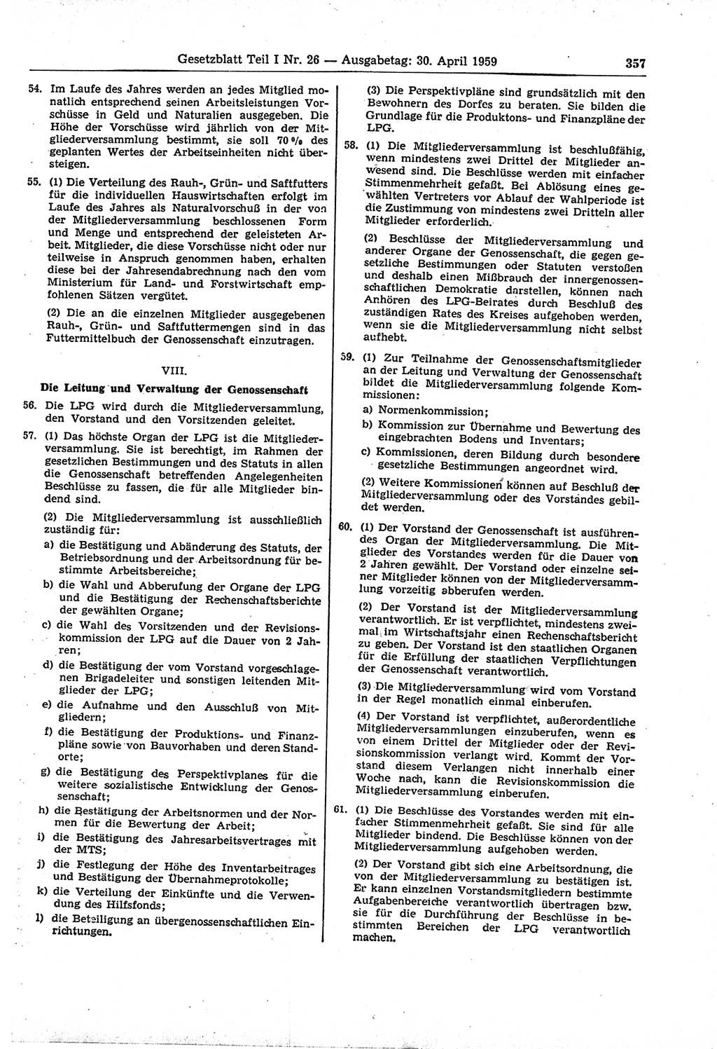 Gesetzblatt (GBl.) der Deutschen Demokratischen Republik (DDR) Teil Ⅰ 1959, Seite 357 (GBl. DDR Ⅰ 1959, S. 357)