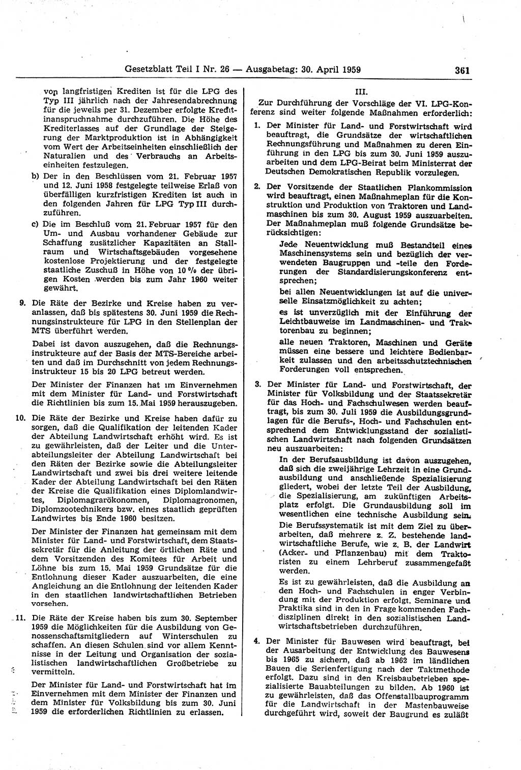 Gesetzblatt (GBl.) der Deutschen Demokratischen Republik (DDR) Teil Ⅰ 1959, Seite 361 (GBl. DDR Ⅰ 1959, S. 361)