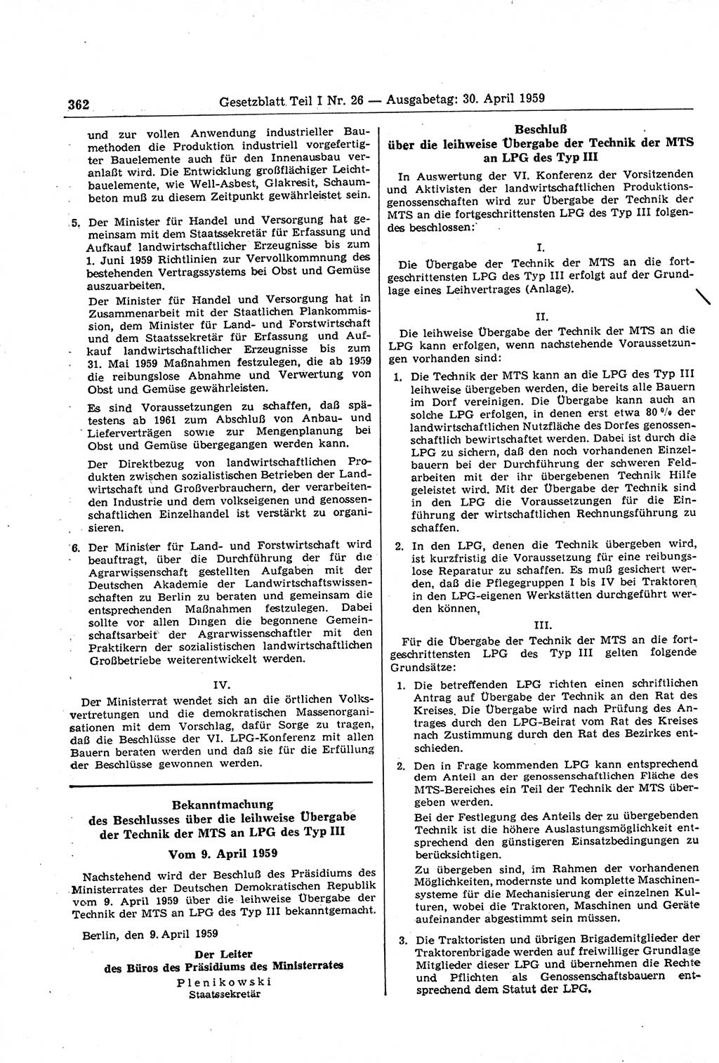 Gesetzblatt (GBl.) der Deutschen Demokratischen Republik (DDR) Teil Ⅰ 1959, Seite 362 (GBl. DDR Ⅰ 1959, S. 362)