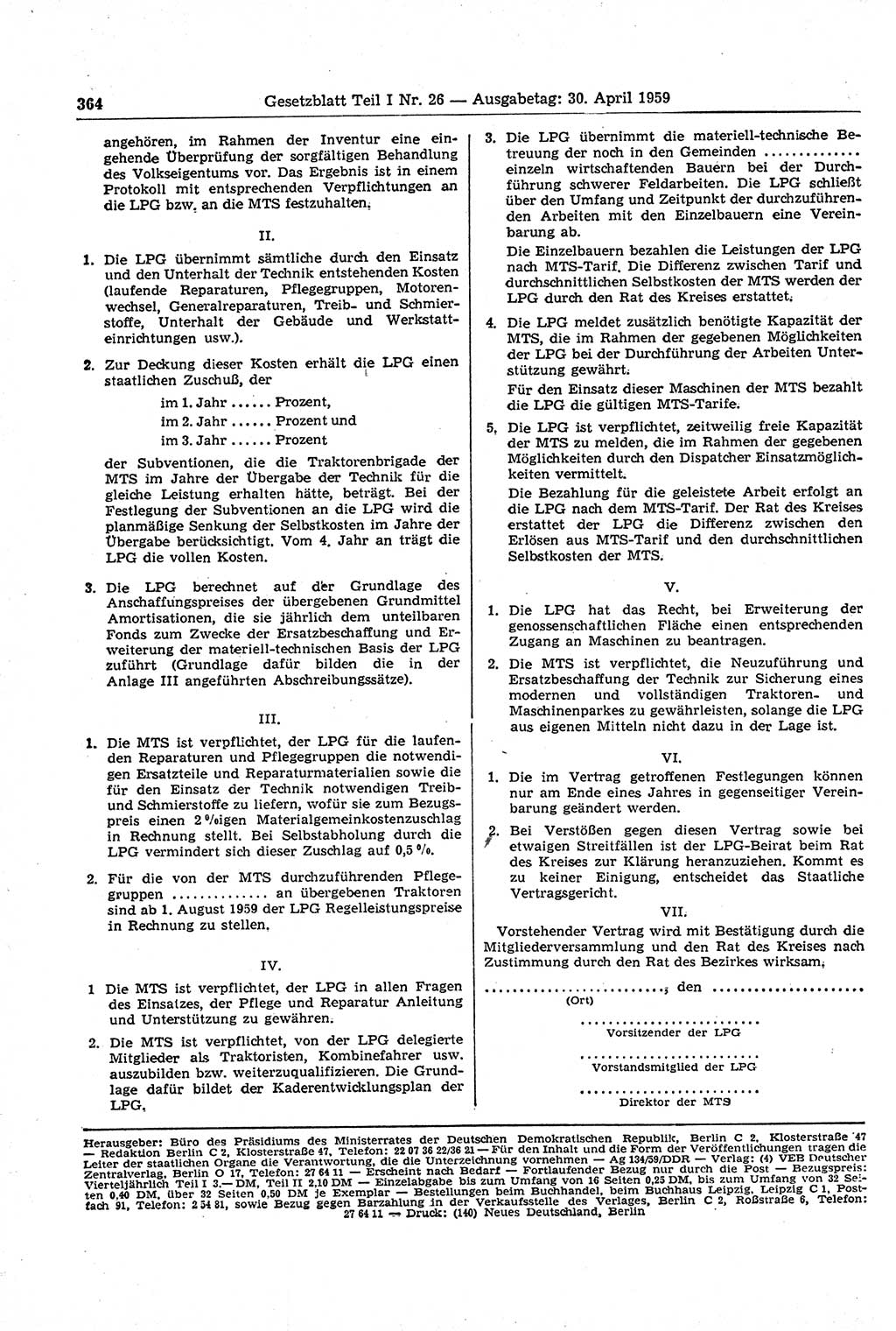 Gesetzblatt (GBl.) der Deutschen Demokratischen Republik (DDR) Teil Ⅰ 1959, Seite 364 (GBl. DDR Ⅰ 1959, S. 364)