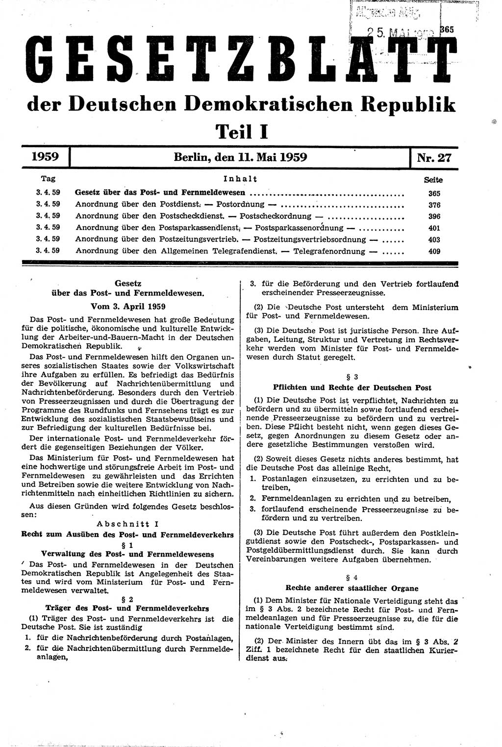 Gesetzblatt (GBl.) der Deutschen Demokratischen Republik (DDR) Teil Ⅰ 1959, Seite 365 (GBl. DDR Ⅰ 1959, S. 365)