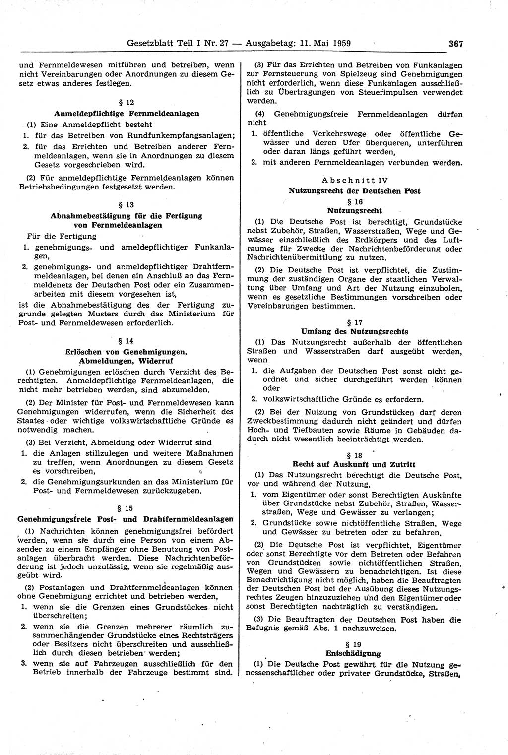 Gesetzblatt (GBl.) der Deutschen Demokratischen Republik (DDR) Teil Ⅰ 1959, Seite 367 (GBl. DDR Ⅰ 1959, S. 367)