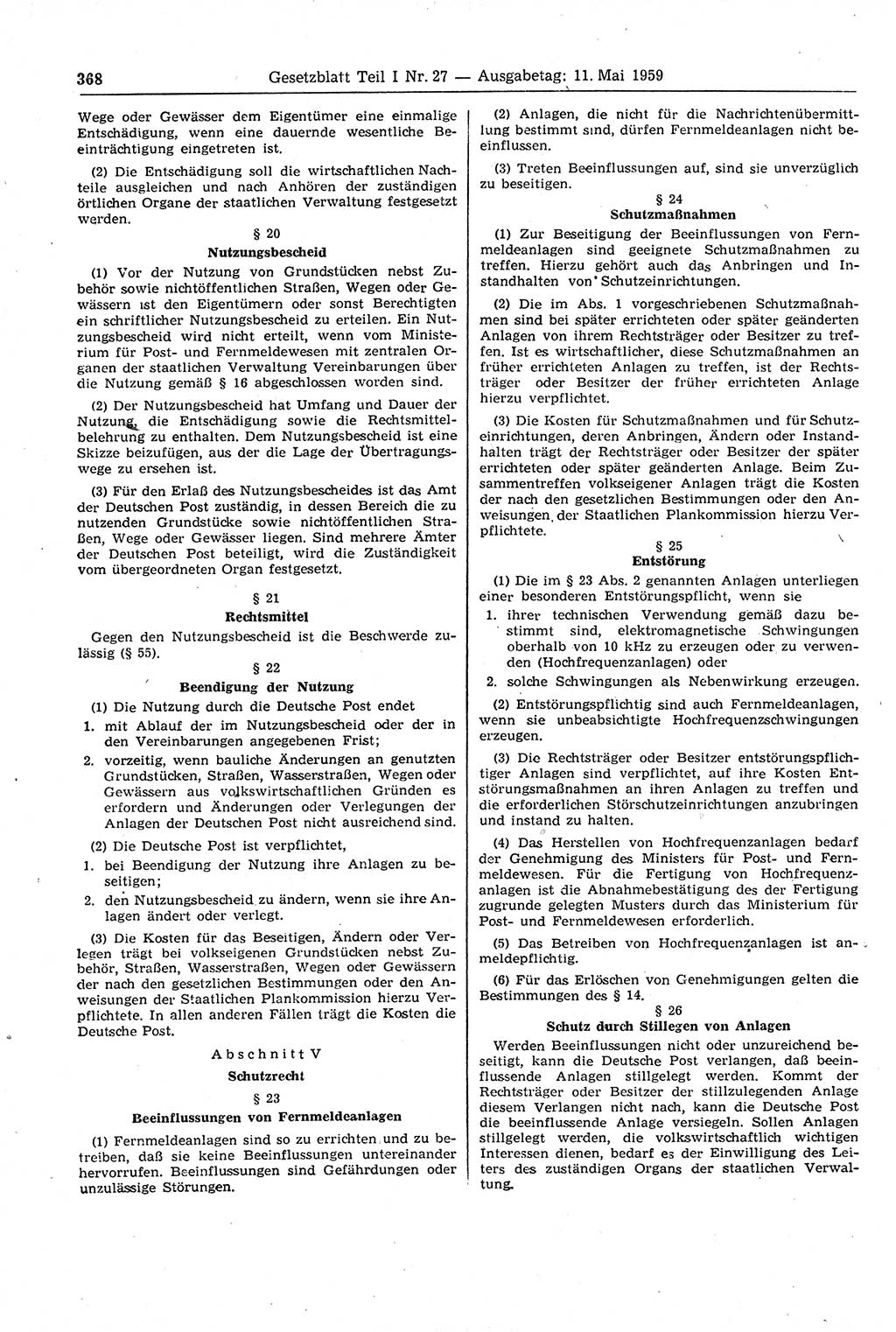 Gesetzblatt (GBl.) der Deutschen Demokratischen Republik (DDR) Teil Ⅰ 1959, Seite 368 (GBl. DDR Ⅰ 1959, S. 368)