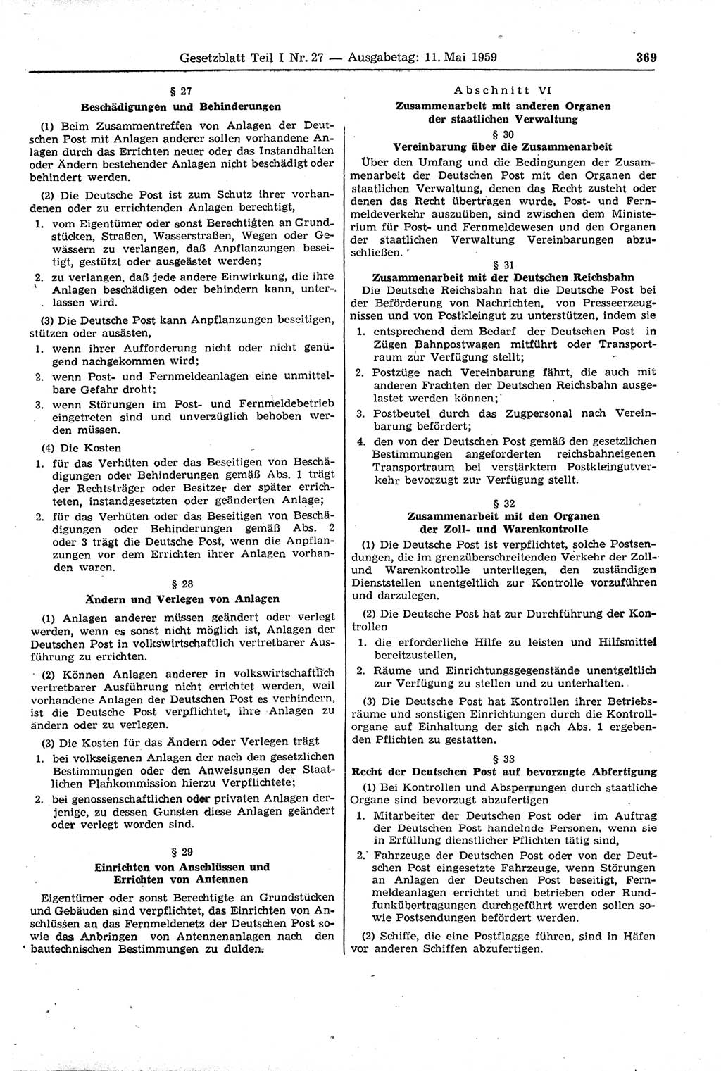 Gesetzblatt (GBl.) der Deutschen Demokratischen Republik (DDR) Teil Ⅰ 1959, Seite 369 (GBl. DDR Ⅰ 1959, S. 369)