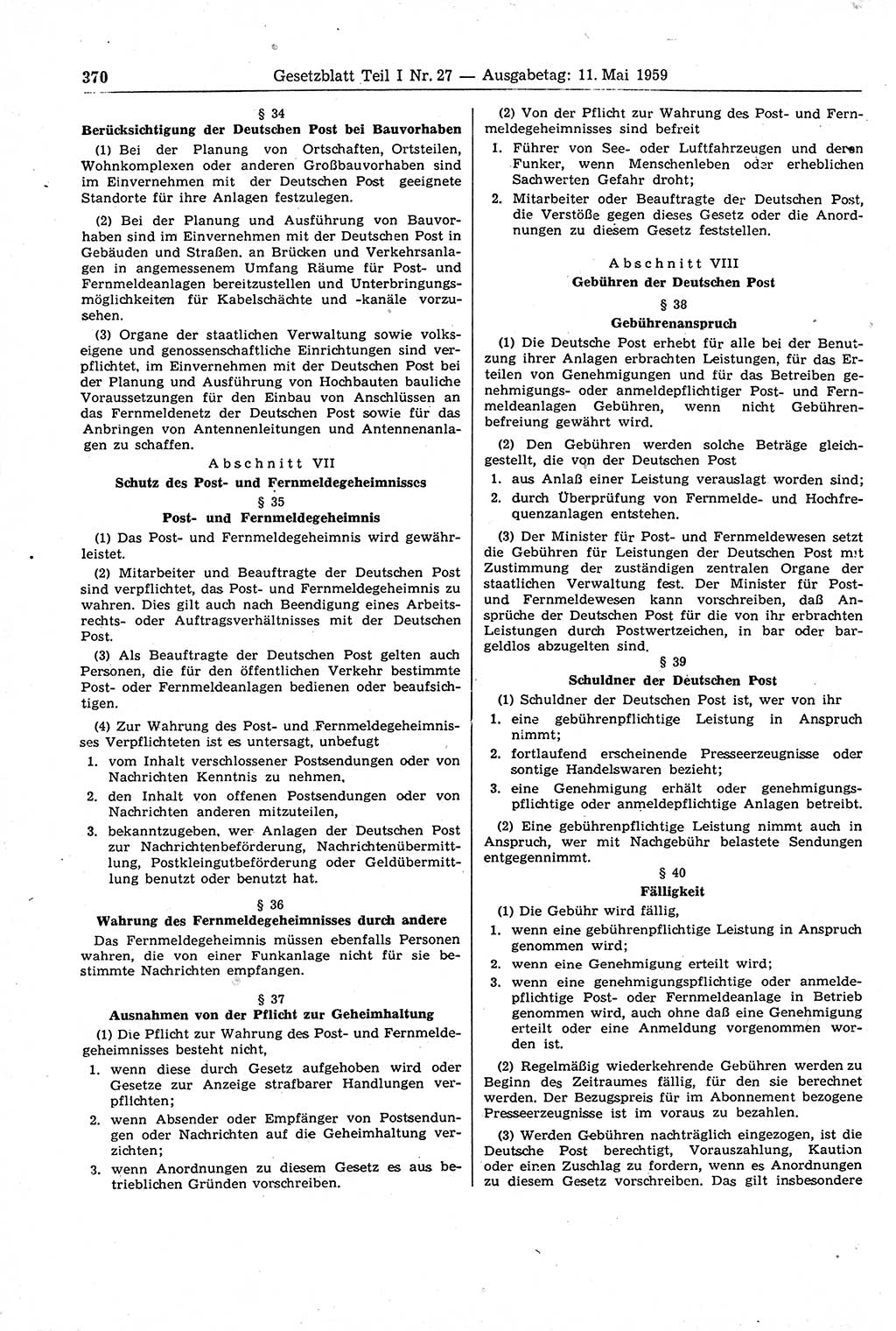 Gesetzblatt (GBl.) der Deutschen Demokratischen Republik (DDR) Teil Ⅰ 1959, Seite 370 (GBl. DDR Ⅰ 1959, S. 370)