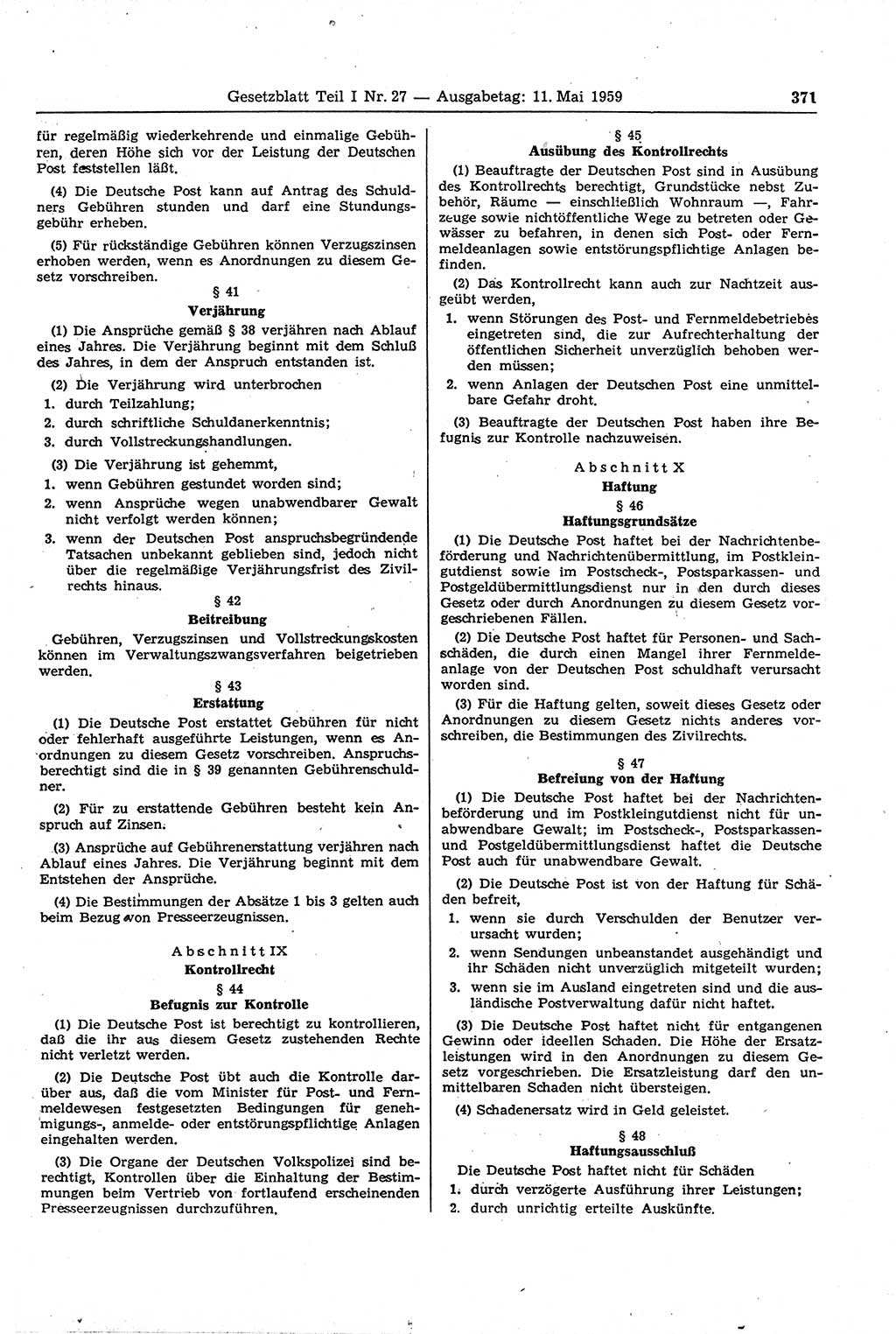 Gesetzblatt (GBl.) der Deutschen Demokratischen Republik (DDR) Teil Ⅰ 1959, Seite 371 (GBl. DDR Ⅰ 1959, S. 371)