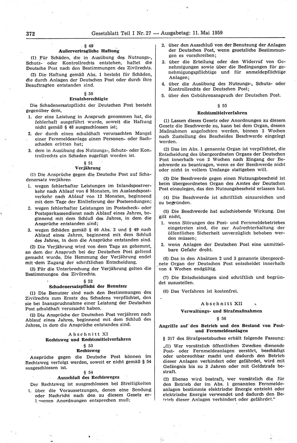 Gesetzblatt (GBl.) der Deutschen Demokratischen Republik (DDR) Teil Ⅰ 1959, Seite 372 (GBl. DDR Ⅰ 1959, S. 372)