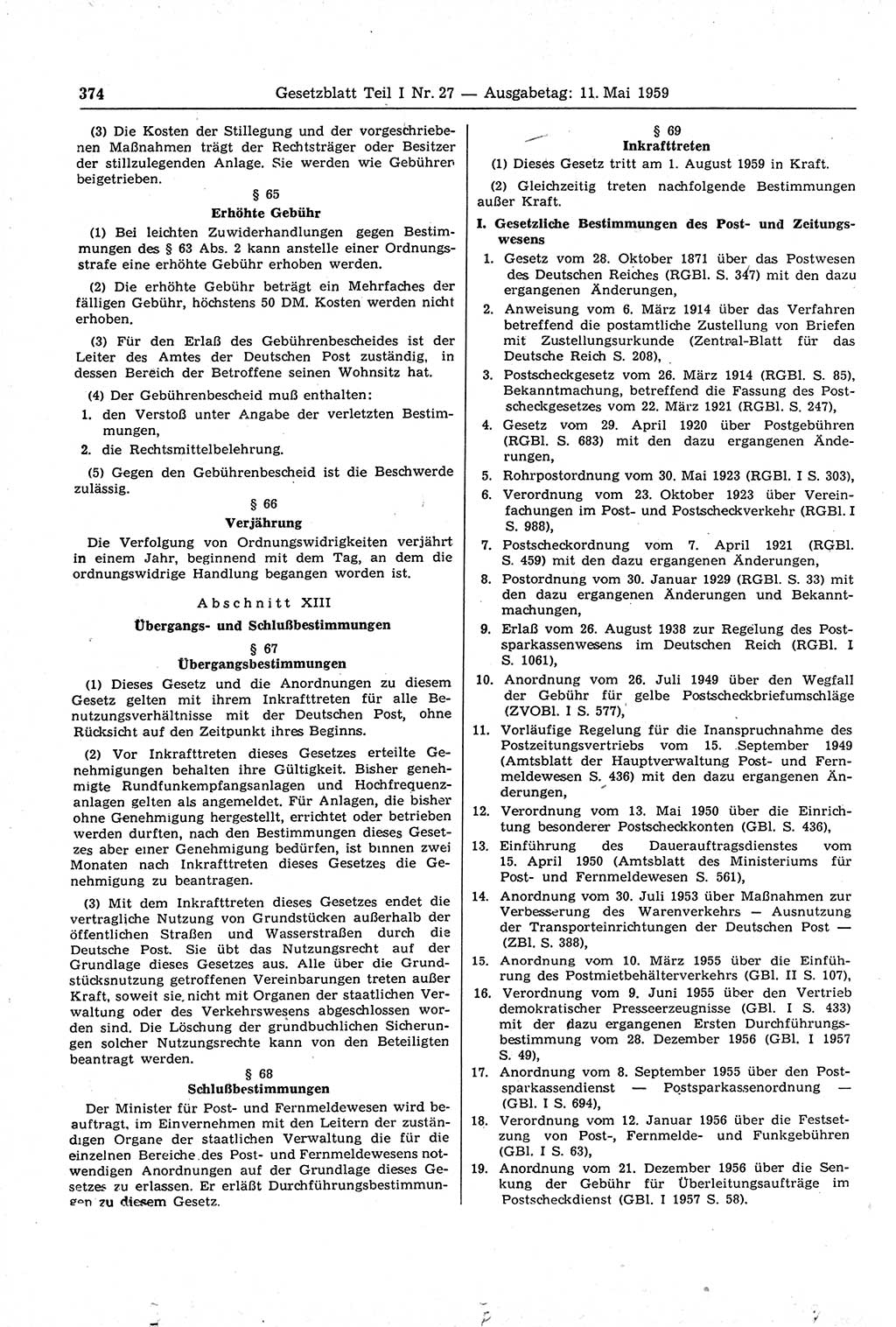 Gesetzblatt (GBl.) der Deutschen Demokratischen Republik (DDR) Teil Ⅰ 1959, Seite 374 (GBl. DDR Ⅰ 1959, S. 374)