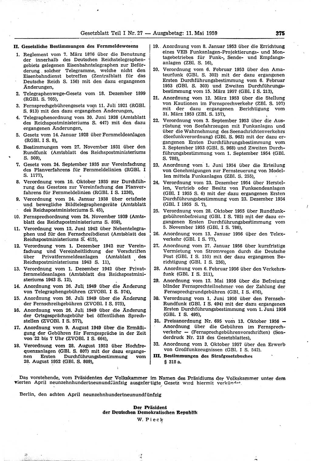 Gesetzblatt (GBl.) der Deutschen Demokratischen Republik (DDR) Teil Ⅰ 1959, Seite 375 (GBl. DDR Ⅰ 1959, S. 375)