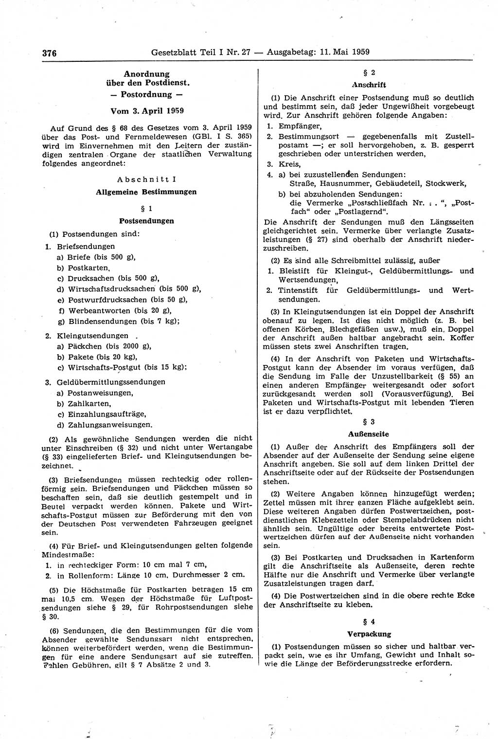 Gesetzblatt (GBl.) der Deutschen Demokratischen Republik (DDR) Teil Ⅰ 1959, Seite 376 (GBl. DDR Ⅰ 1959, S. 376)