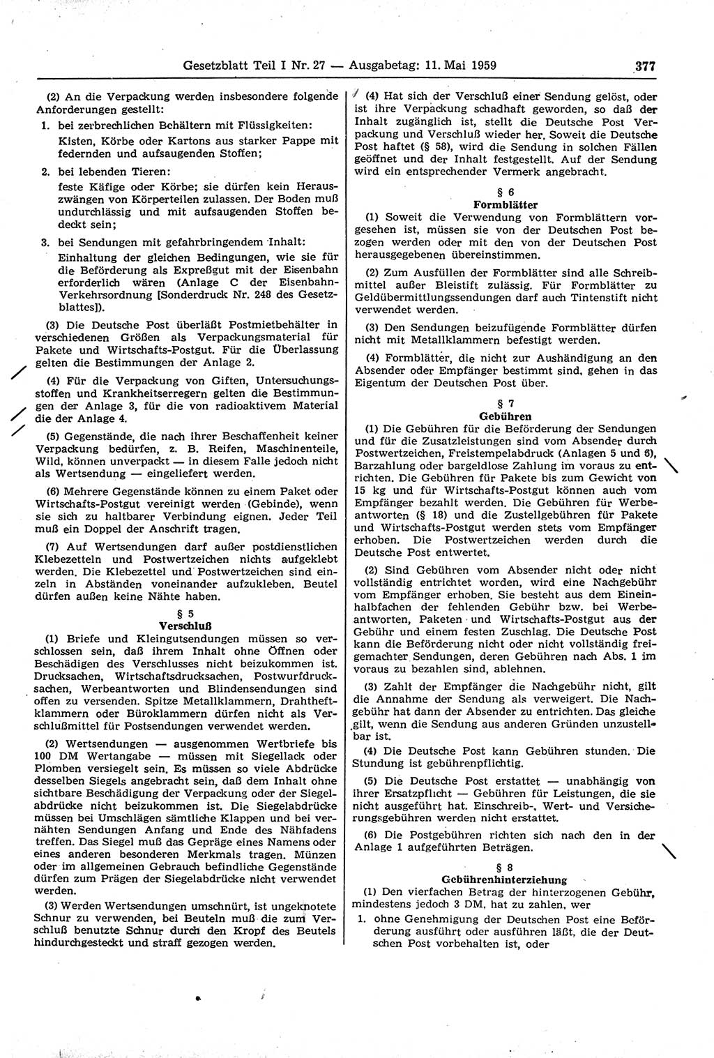 Gesetzblatt (GBl.) der Deutschen Demokratischen Republik (DDR) Teil Ⅰ 1959, Seite 377 (GBl. DDR Ⅰ 1959, S. 377)