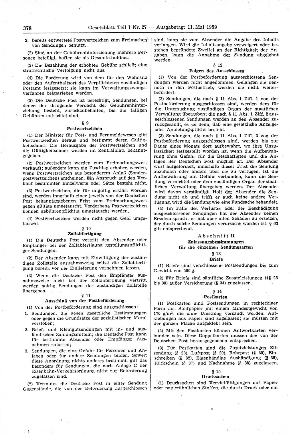 Gesetzblatt (GBl.) der Deutschen Demokratischen Republik (DDR) Teil Ⅰ 1959, Seite 378 (GBl. DDR Ⅰ 1959, S. 378)