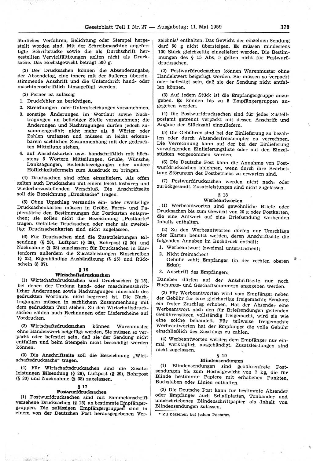 Gesetzblatt (GBl.) der Deutschen Demokratischen Republik (DDR) Teil Ⅰ 1959, Seite 379 (GBl. DDR Ⅰ 1959, S. 379)