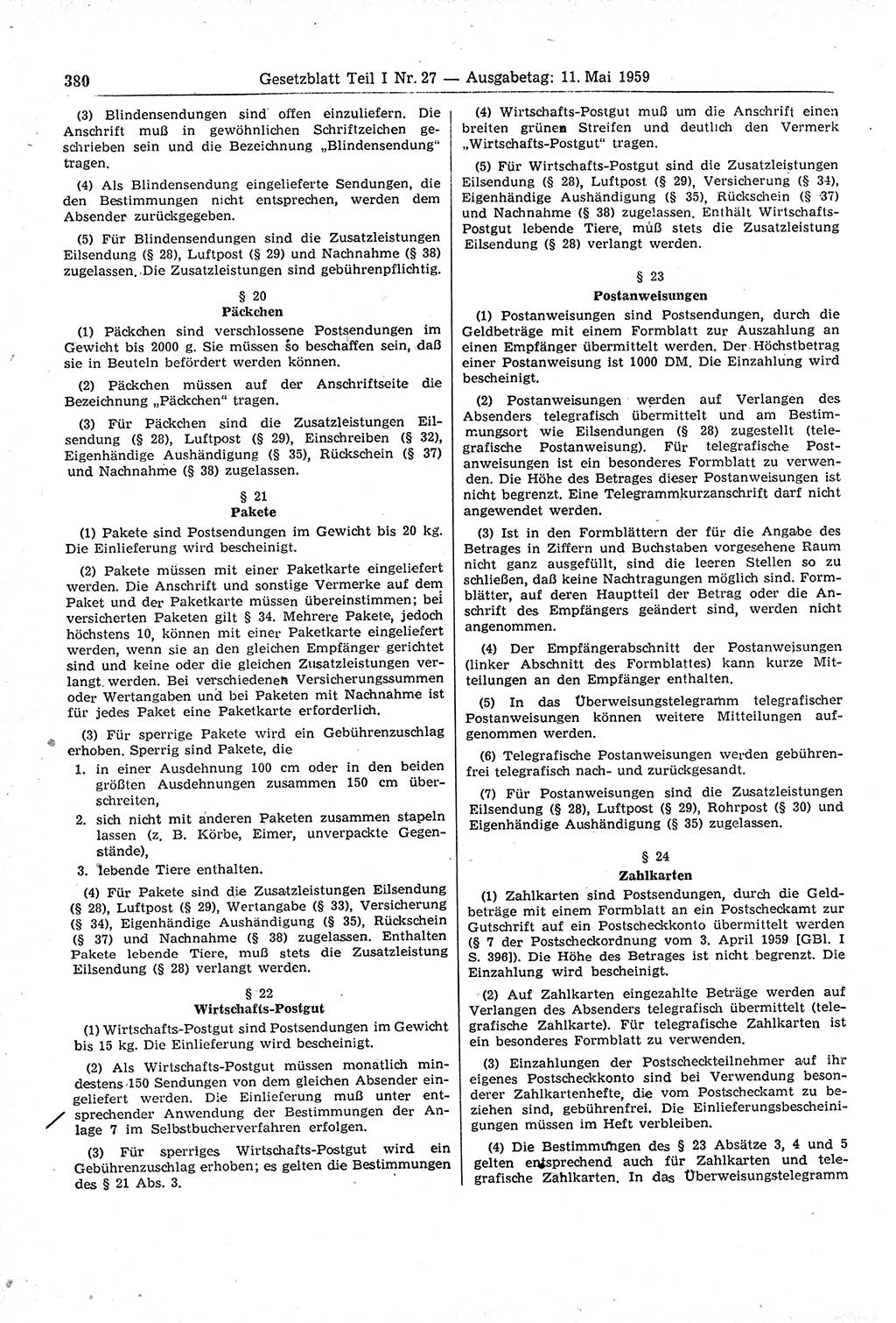 Gesetzblatt (GBl.) der Deutschen Demokratischen Republik (DDR) Teil Ⅰ 1959, Seite 380 (GBl. DDR Ⅰ 1959, S. 380)