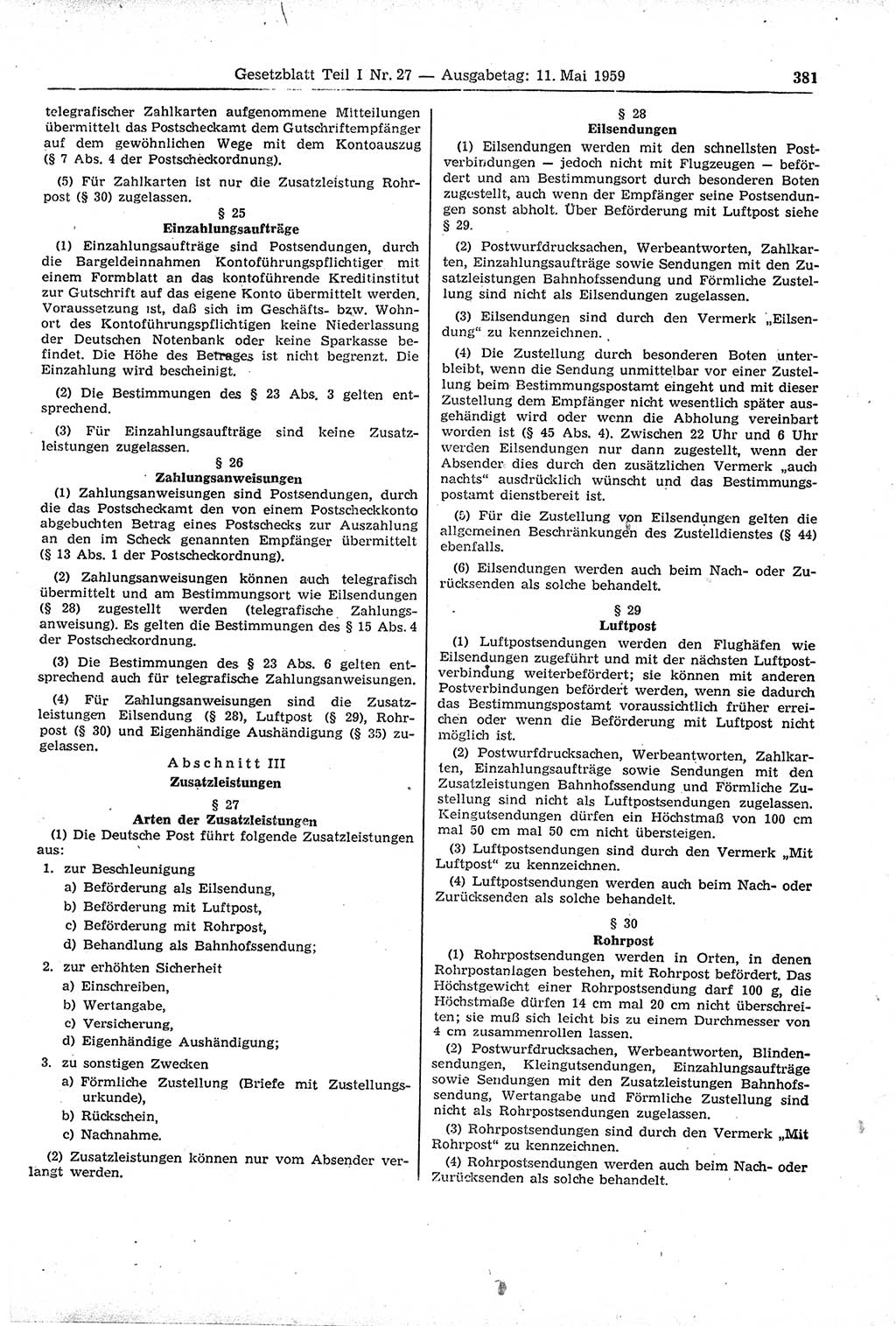 Gesetzblatt (GBl.) der Deutschen Demokratischen Republik (DDR) Teil Ⅰ 1959, Seite 381 (GBl. DDR Ⅰ 1959, S. 381)