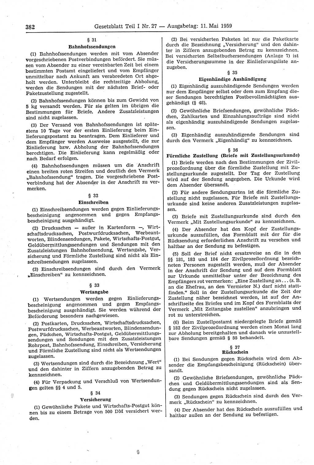 Gesetzblatt (GBl.) der Deutschen Demokratischen Republik (DDR) Teil Ⅰ 1959, Seite 382 (GBl. DDR Ⅰ 1959, S. 382)