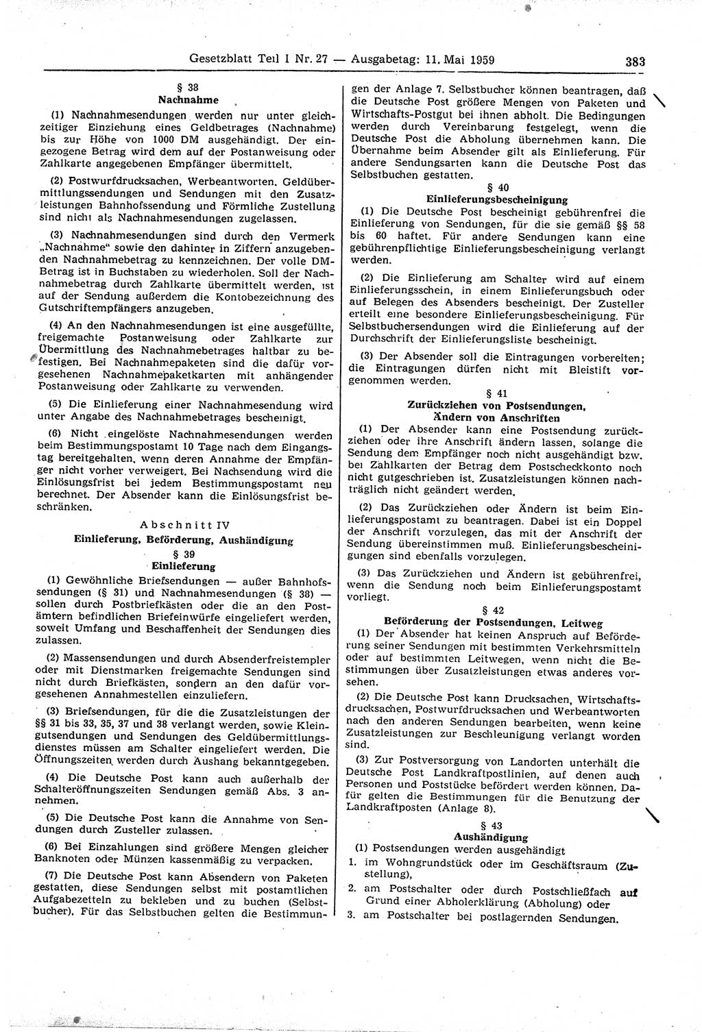 Gesetzblatt (GBl.) der Deutschen Demokratischen Republik (DDR) Teil Ⅰ 1959, Seite 383 (GBl. DDR Ⅰ 1959, S. 383)